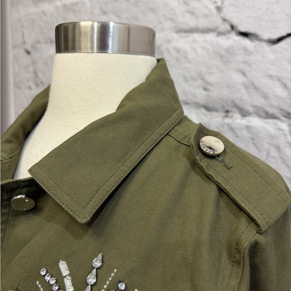 Guess Military Army Green Embellished Gemstone Bling‎ Moto Jacket Cropped Beaded - Picture 11 of 14